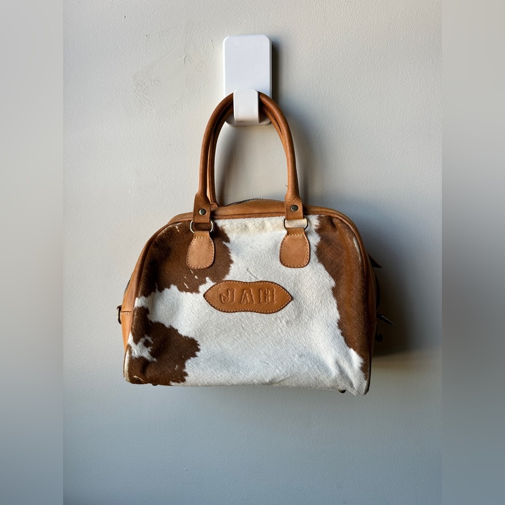 VTG Calf Hair Cowhide Leather Western Bowler Bag Brown White Cow Print Handbag